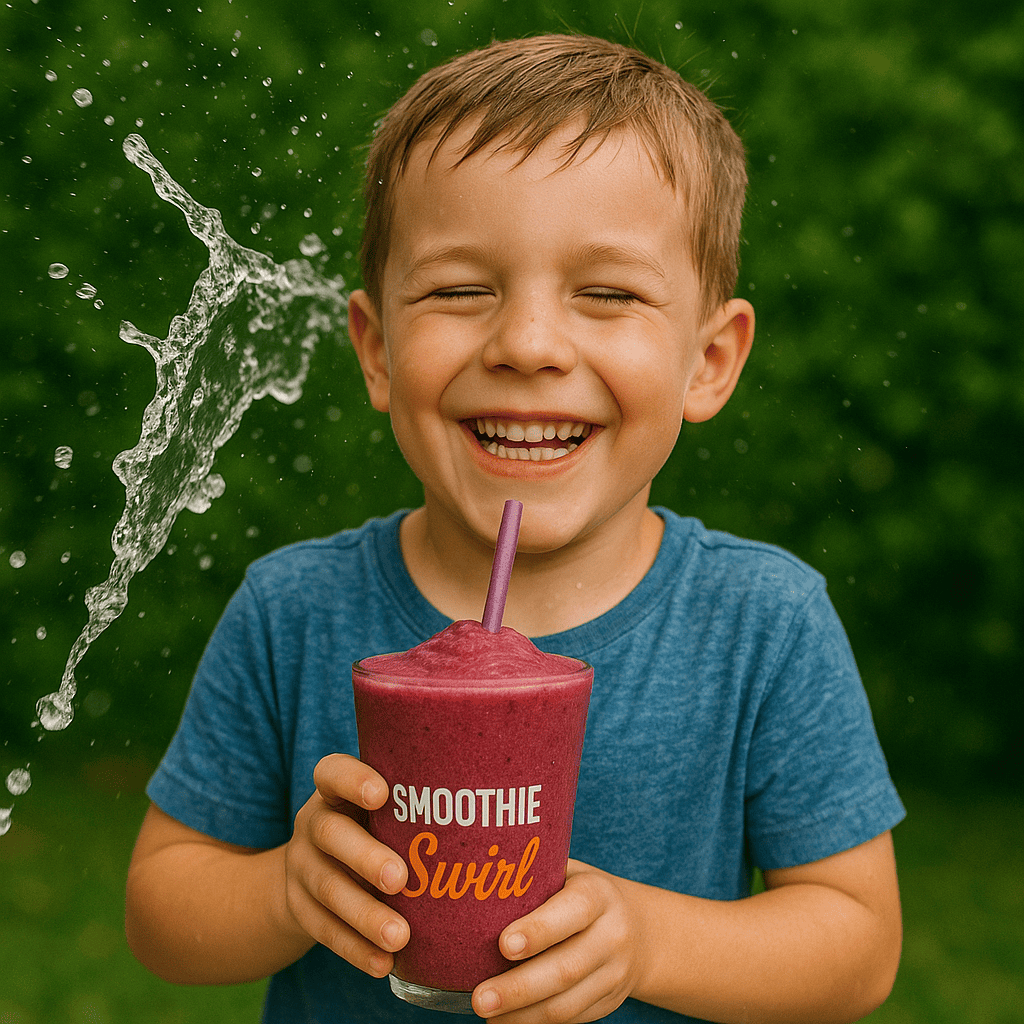 kid smiling drinking a smoothie